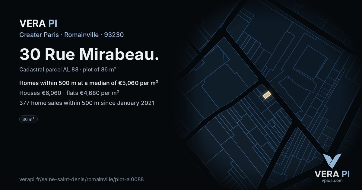 30 Rue Mirabeau, Romainville at night – the plot lit, the parcels around coloured by the prices near them