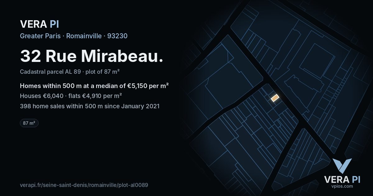 32 Rue Mirabeau, Romainville at night – the plot lit, the parcels around coloured by the prices near them