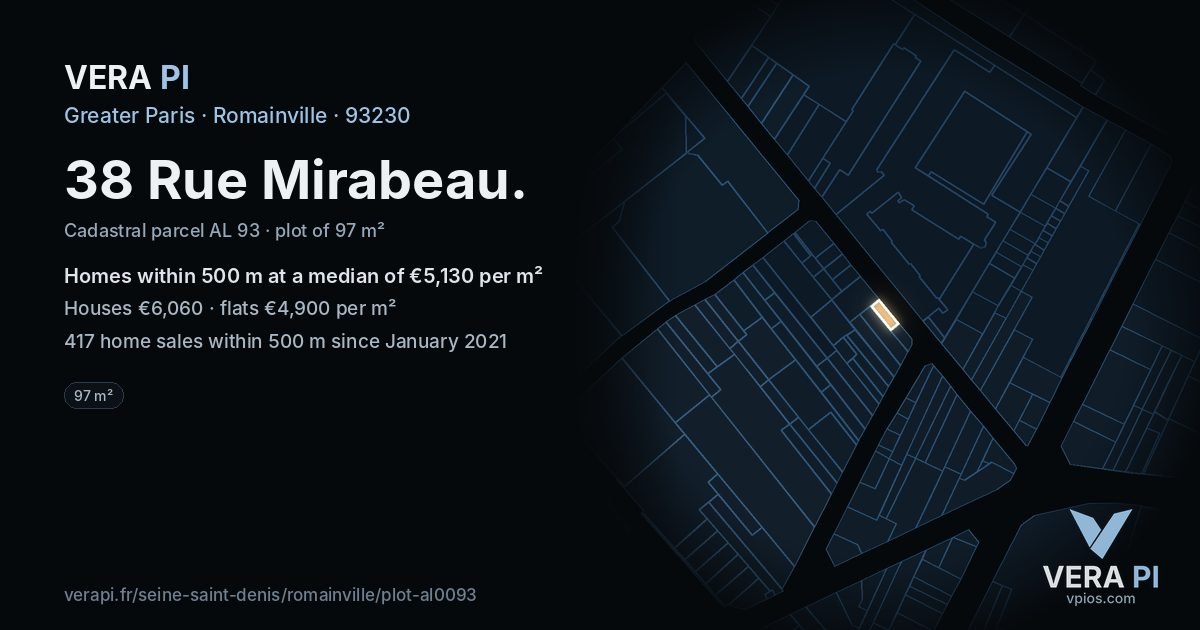 38 Rue Mirabeau, Romainville at night – the plot lit, the parcels around coloured by the prices near them