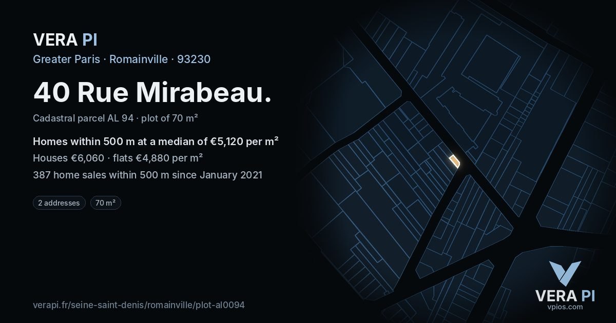 40 Rue Mirabeau, Romainville at night – the plot lit, the parcels around coloured by the prices near them