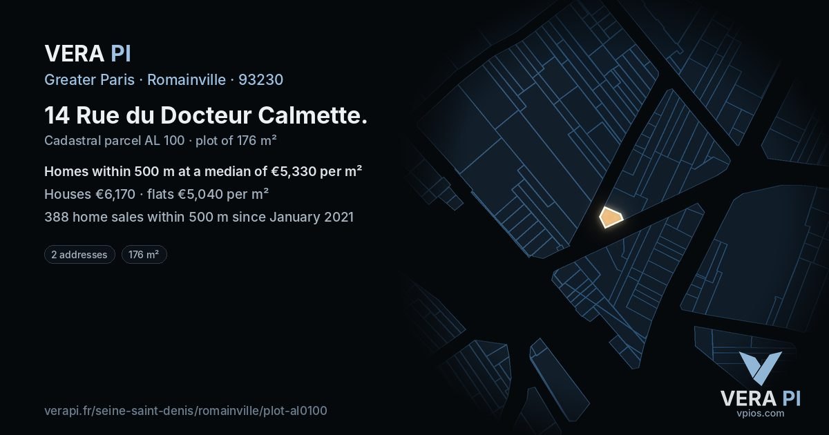 14 Rue du Docteur Calmette, Romainville at night – the plot lit, the parcels around coloured by the prices near them