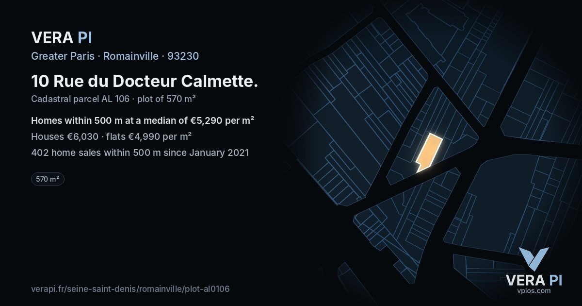10 Rue du Docteur Calmette, Romainville at night – the plot lit, the parcels around coloured by the prices near them