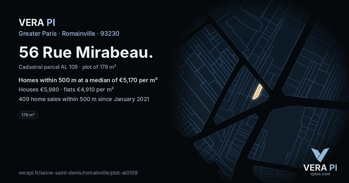 56 Rue Mirabeau, Romainville at night – the plot lit, the parcels around coloured by the prices near them