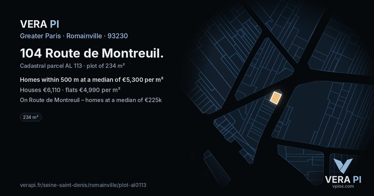 104 Route de Montreuil, Romainville at night – the plot lit, the parcels around coloured by the prices near them