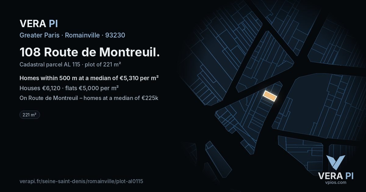 108 Route de Montreuil, Romainville at night – the plot lit, the parcels around coloured by the prices near them
