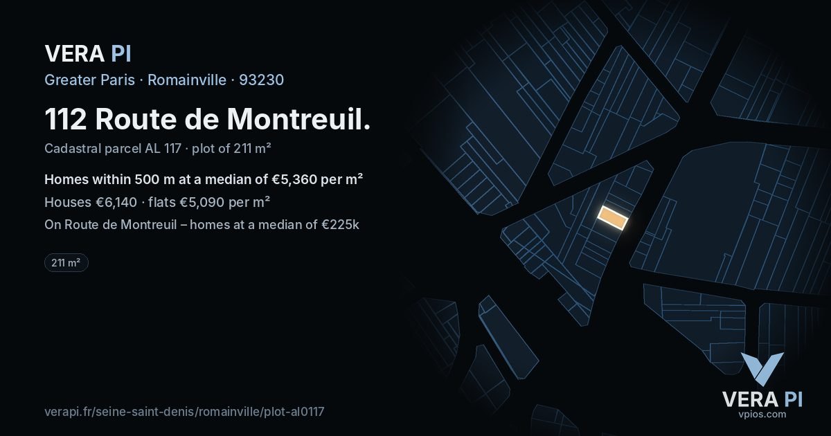112 Route de Montreuil, Romainville at night – the plot lit, the parcels around coloured by the prices near them