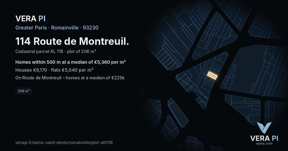 114 Route de Montreuil, Romainville at night – the plot lit, the parcels around coloured by the prices near them