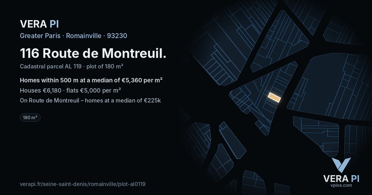 116 Route de Montreuil, Romainville at night – the plot lit, the parcels around coloured by the prices near them