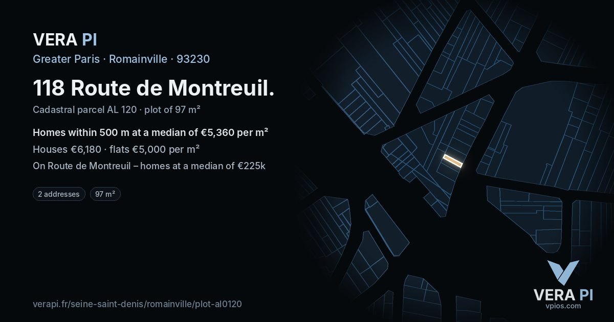 118 Route de Montreuil, Romainville at night – the plot lit, the parcels around coloured by the prices near them