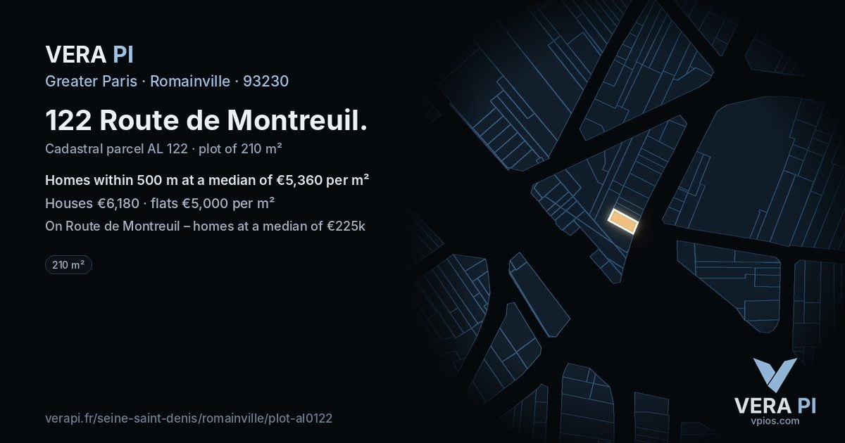 122 Route de Montreuil, Romainville at night – the plot lit, the parcels around coloured by the prices near them