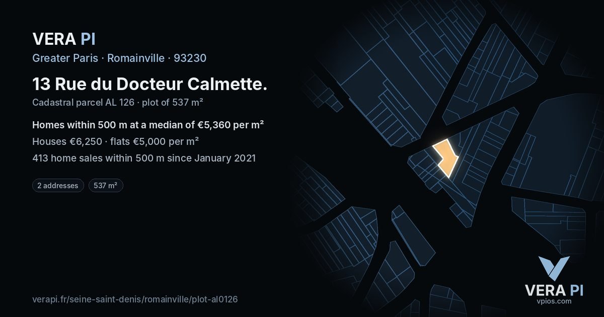 13 Rue du Docteur Calmette, Romainville at night – the plot lit, the parcels around coloured by the prices near them