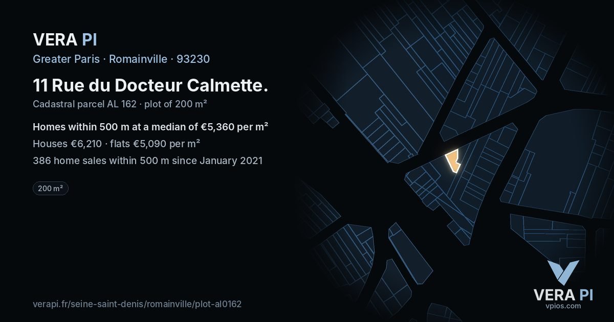 11 Rue du Docteur Calmette, Romainville at night – the plot lit, the parcels around coloured by the prices near them