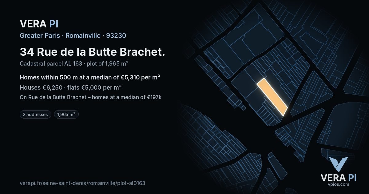 34 Rue de la Butte Brachet, Romainville at night – the plot lit, the parcels around coloured by the prices near them