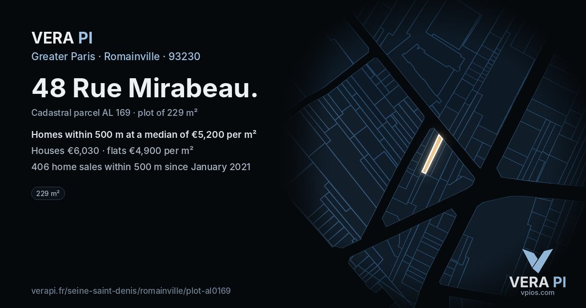 48 Rue Mirabeau, Romainville at night – the plot lit, the parcels around coloured by the prices near them