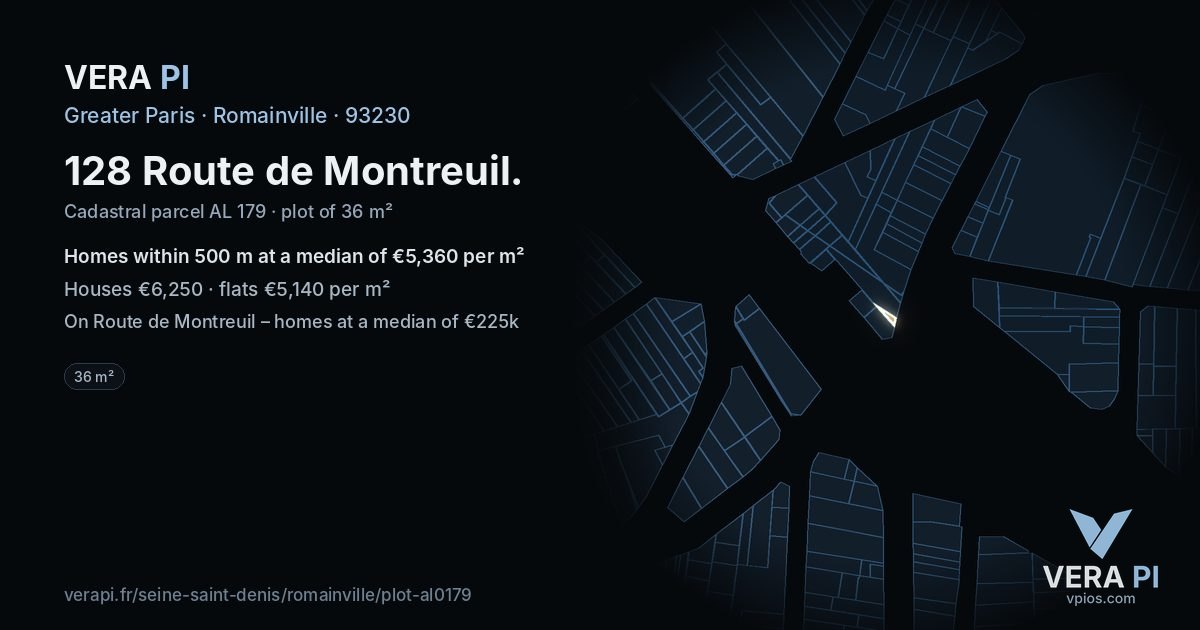 128 Route de Montreuil, Romainville at night – the plot lit, the parcels around coloured by the prices near them