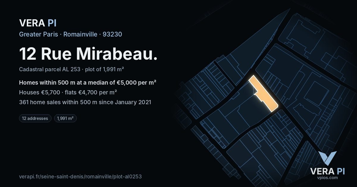 12 Rue Mirabeau, Romainville at night – the plot lit, the parcels around coloured by the prices near them