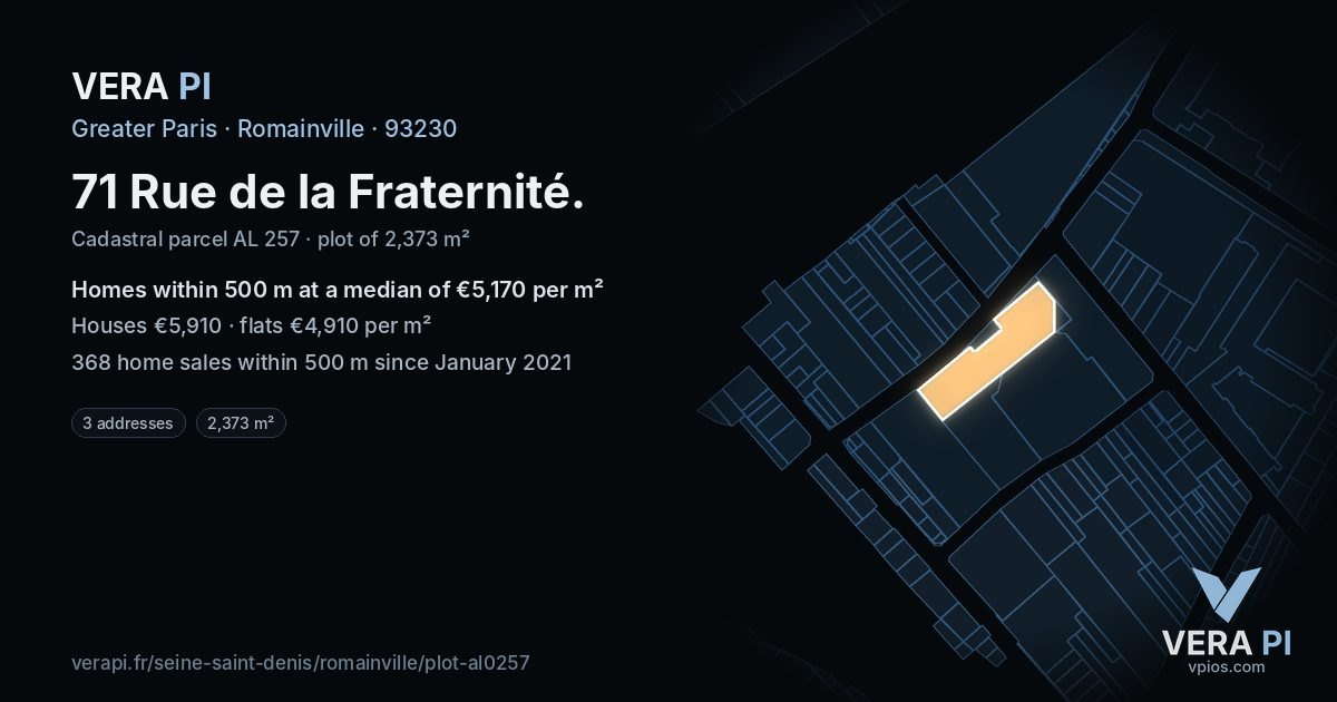 71 Rue de la Fraternité, Romainville at night – the plot lit, the parcels around coloured by the prices near them