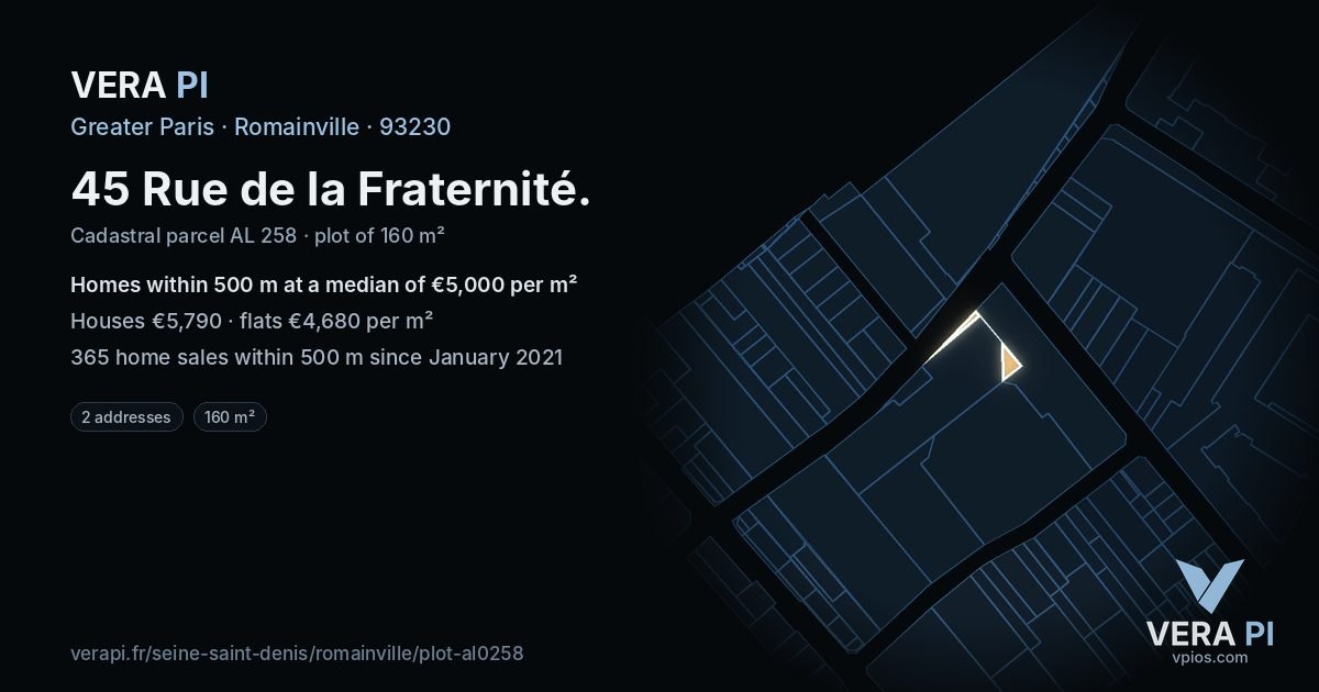 45 Rue de la Fraternité, Romainville at night – the plot lit, the parcels around coloured by the prices near them