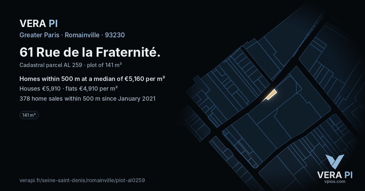61 Rue de la Fraternité, Romainville at night – the plot lit, the parcels around coloured by the prices near them