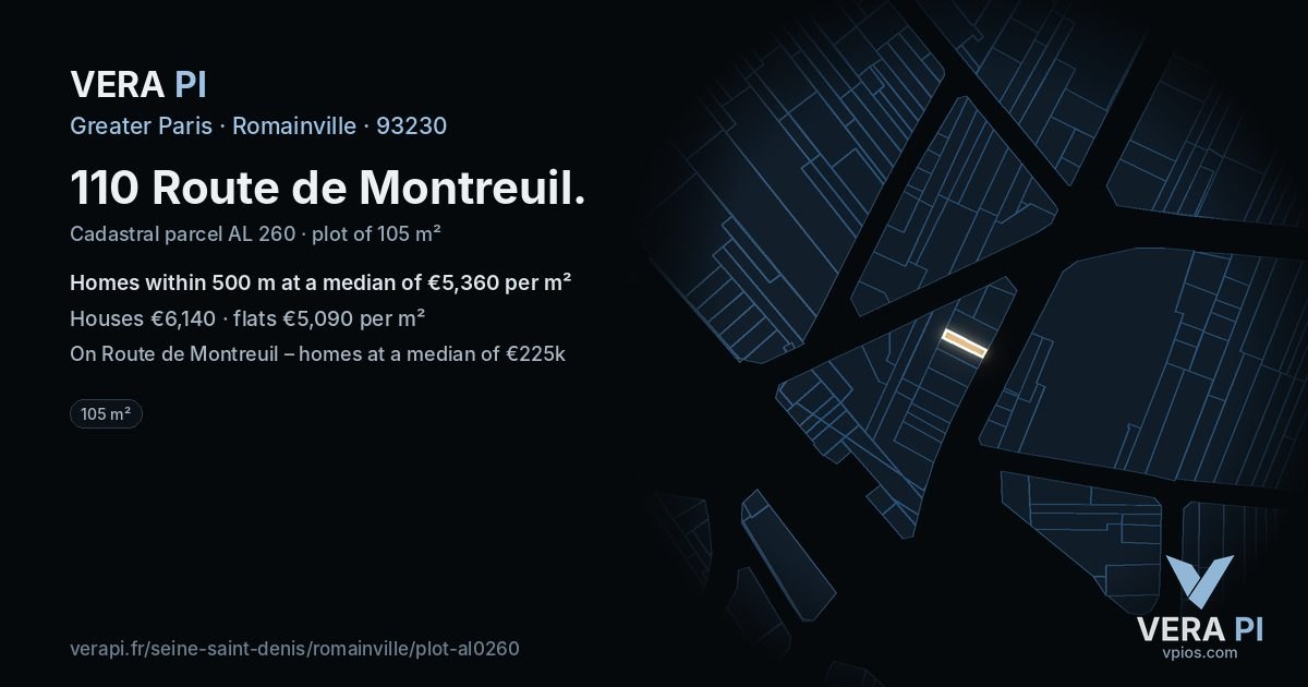 110 Route de Montreuil, Romainville at night – the plot lit, the parcels around coloured by the prices near them