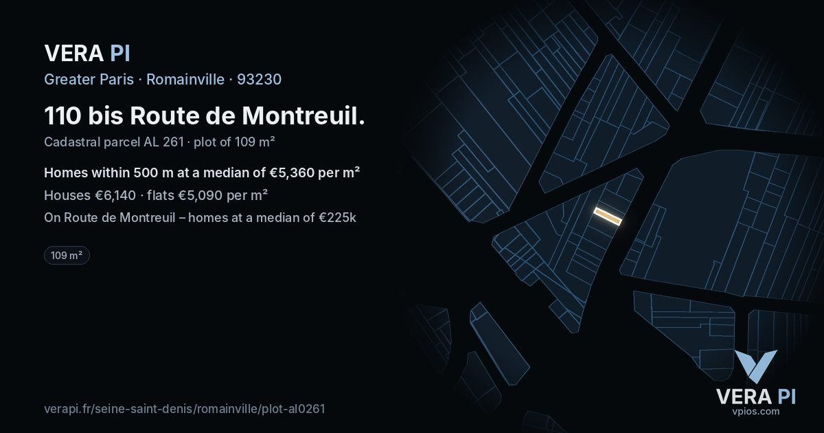 110 bis Route de Montreuil, Romainville at night – the plot lit, the parcels around coloured by the prices near them