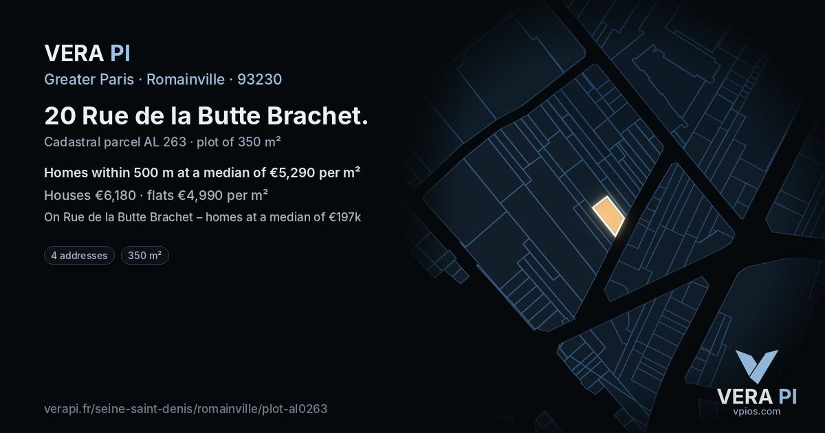 20 Rue de la Butte Brachet, Romainville at night – the plot lit, the parcels around coloured by the prices near them