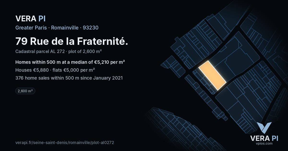 79 Rue de la Fraternité, Romainville at night – the plot lit, the parcels around coloured by the prices near them
