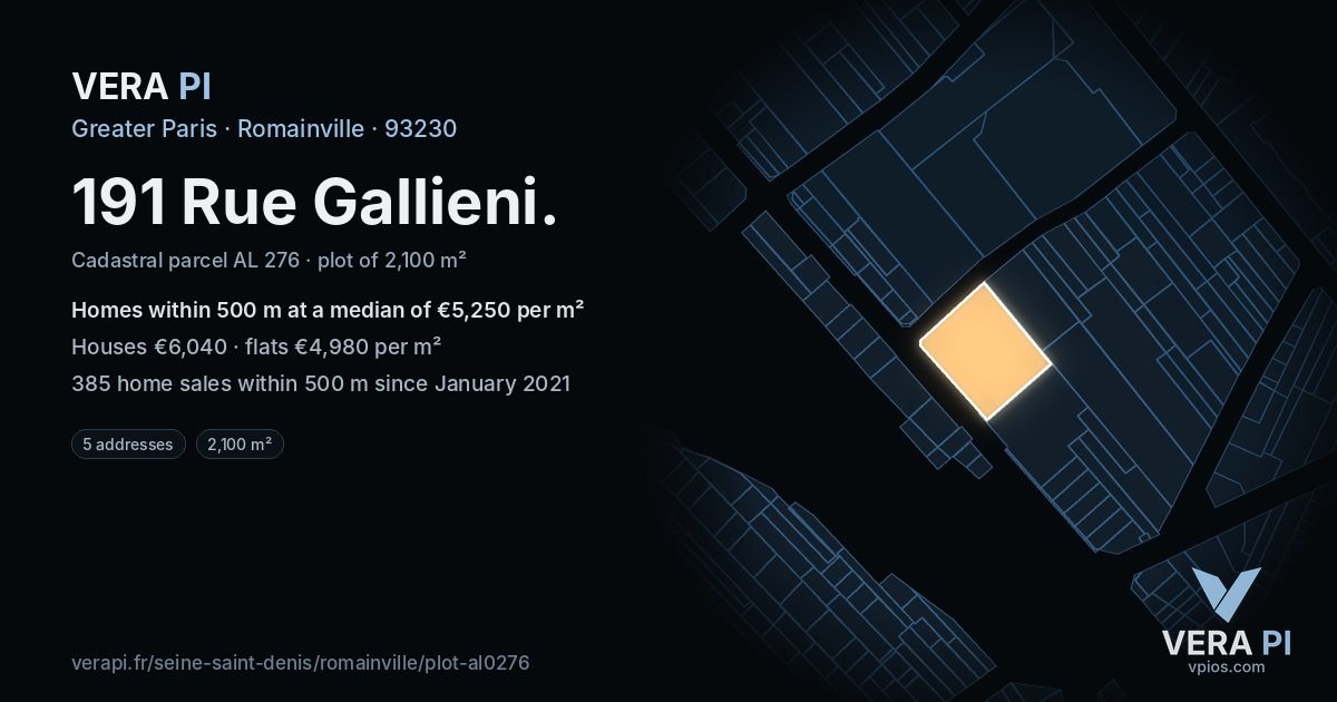 191 Rue Gallieni, Romainville at night – the plot lit, the parcels around coloured by the prices near them