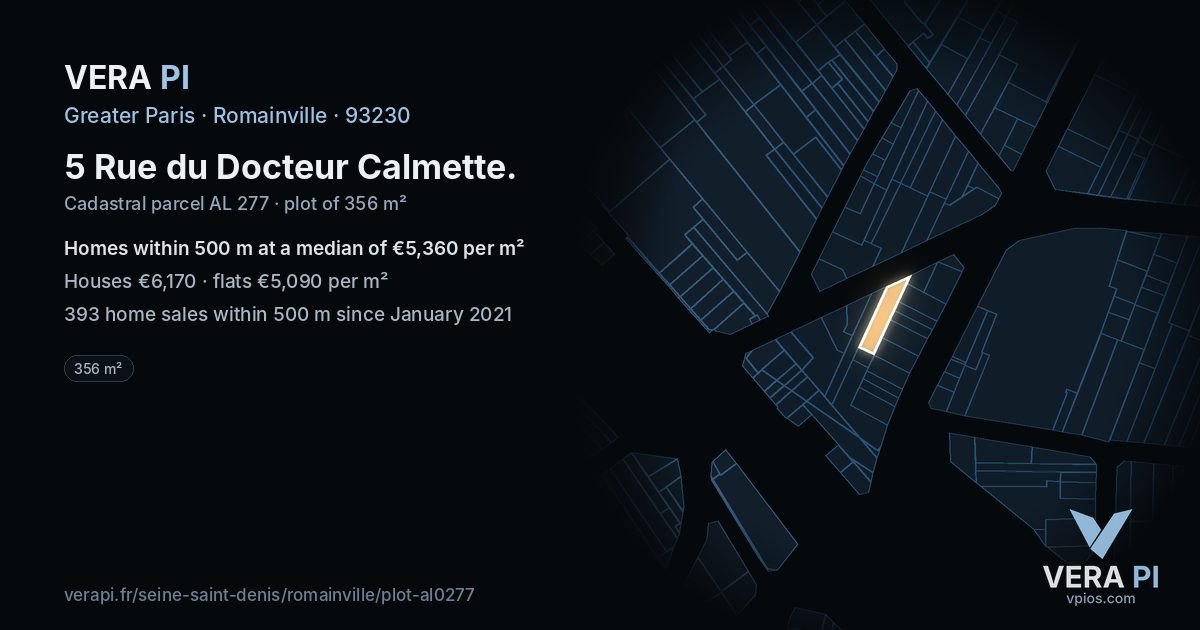 5 Rue du Docteur Calmette, Romainville at night – the plot lit, the parcels around coloured by the prices near them