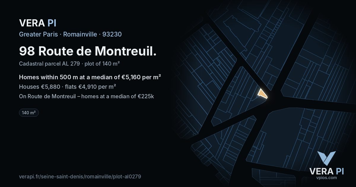 98 Route de Montreuil, Romainville at night – the plot lit, the parcels around coloured by the prices near them