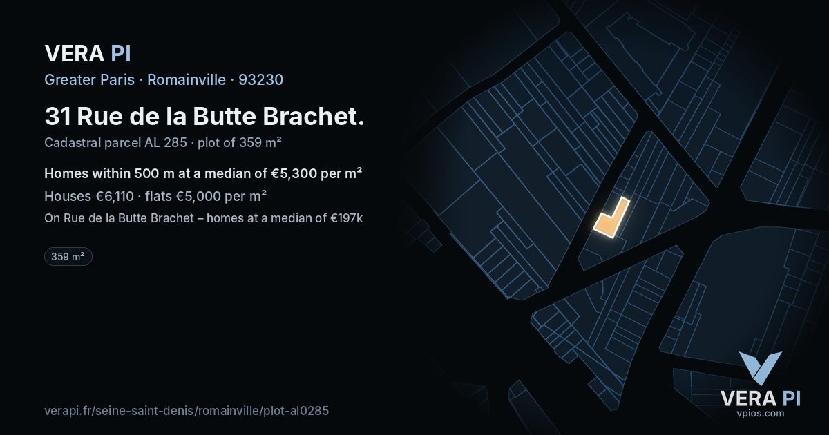 31 Rue de la Butte Brachet, Romainville at night – the plot lit, the parcels around coloured by the prices near them