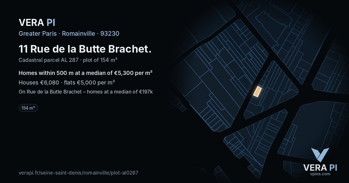 11 Rue de la Butte Brachet, Romainville at night – the plot lit, the parcels around coloured by the prices near them