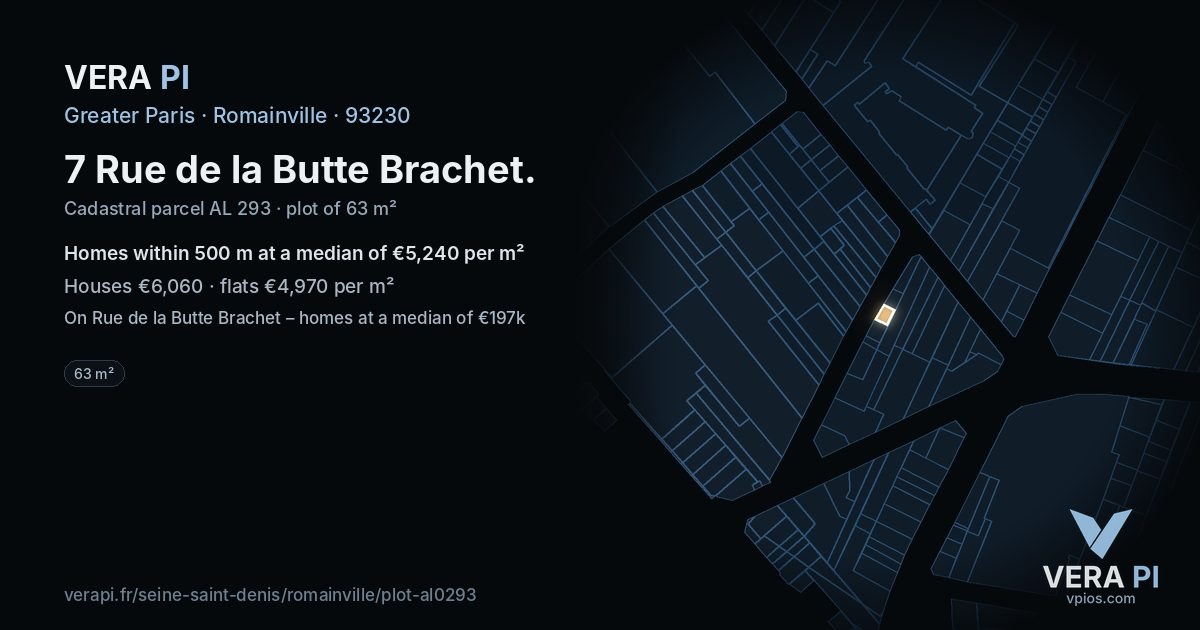 7 Rue de la Butte Brachet, Romainville at night – the plot lit, the parcels around coloured by the prices near them