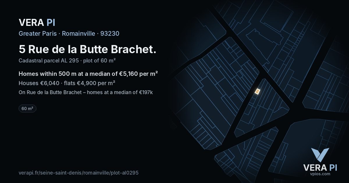 5 Rue de la Butte Brachet, Romainville at night – the plot lit, the parcels around coloured by the prices near them