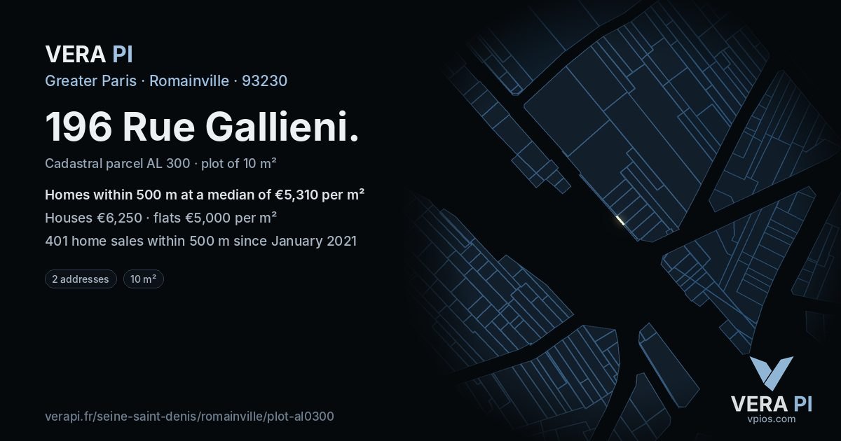 196 Rue Gallieni, Romainville at night – the plot lit, the parcels around coloured by the prices near them
