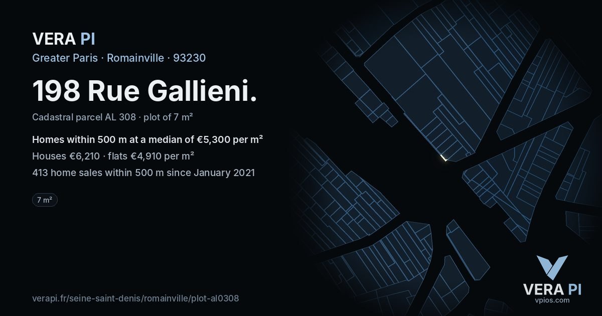 198 Rue Gallieni, Romainville at night – the plot lit, the parcels around coloured by the prices near them