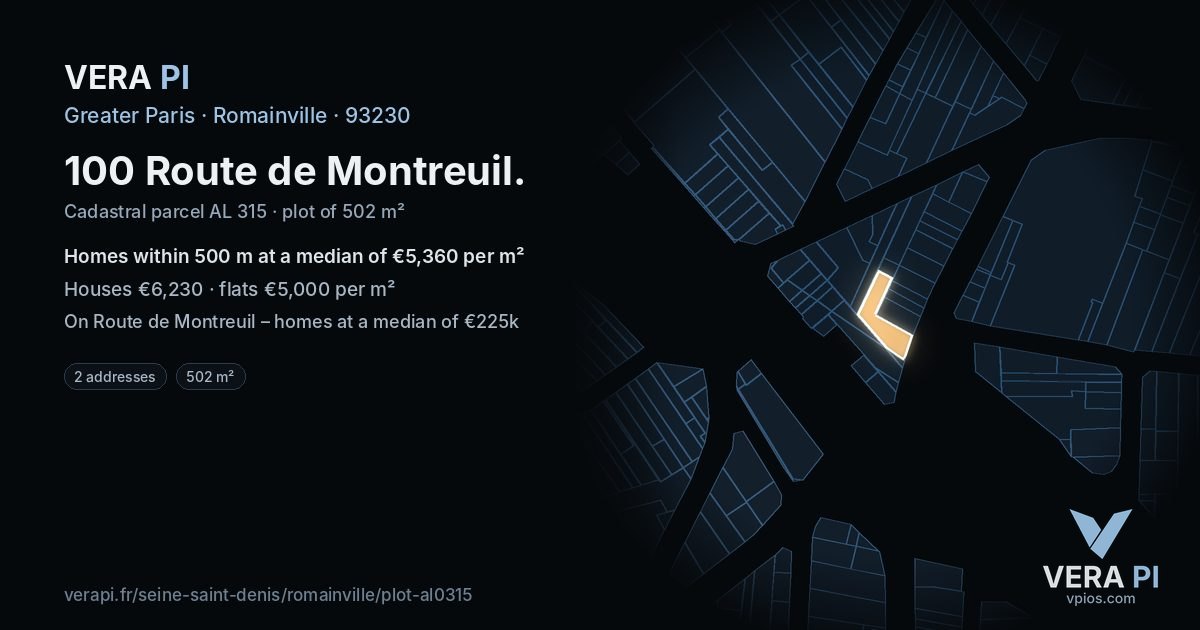 100 Route de Montreuil, Romainville at night – the plot lit, the parcels around coloured by the prices near them