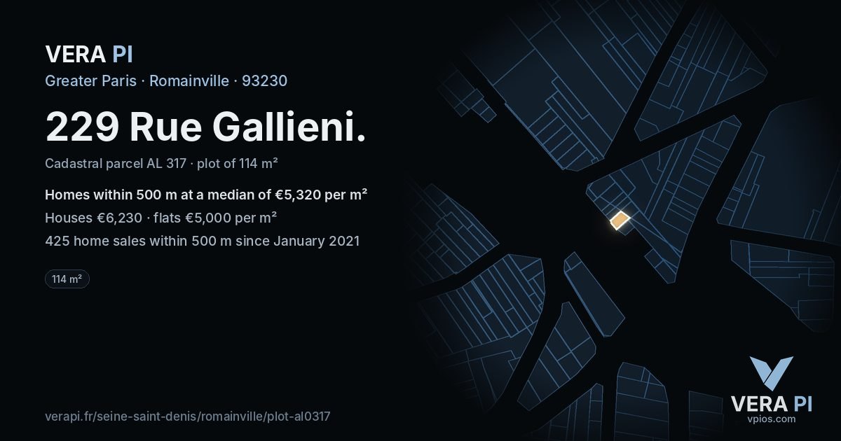 229 Rue Gallieni, Romainville at night – the plot lit, the parcels around coloured by the prices near them