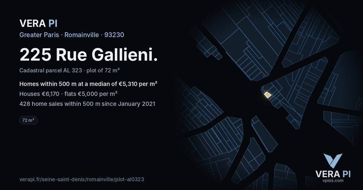225 Rue Gallieni, Romainville at night – the plot lit, the parcels around coloured by the prices near them