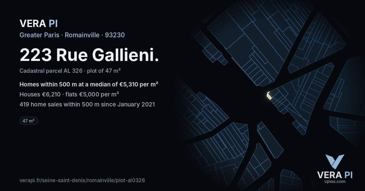 223 Rue Gallieni, Romainville at night – the plot lit, the parcels around coloured by the prices near them