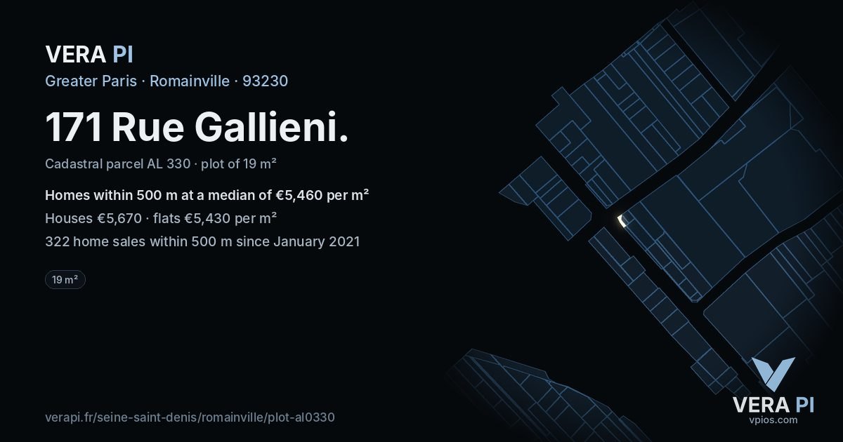 171 Rue Gallieni, Romainville at night – the plot lit, the parcels around coloured by the prices near them