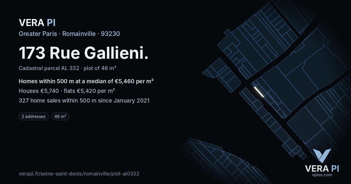 173 Rue Gallieni, Romainville at night – the plot lit, the parcels around coloured by the prices near them
