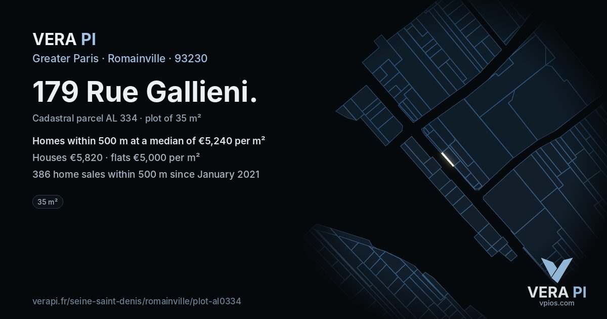 179 Rue Gallieni, Romainville at night – the plot lit, the parcels around coloured by the prices near them