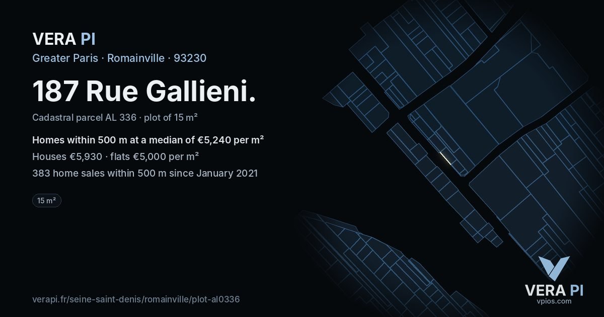 187 Rue Gallieni, Romainville at night – the plot lit, the parcels around coloured by the prices near them