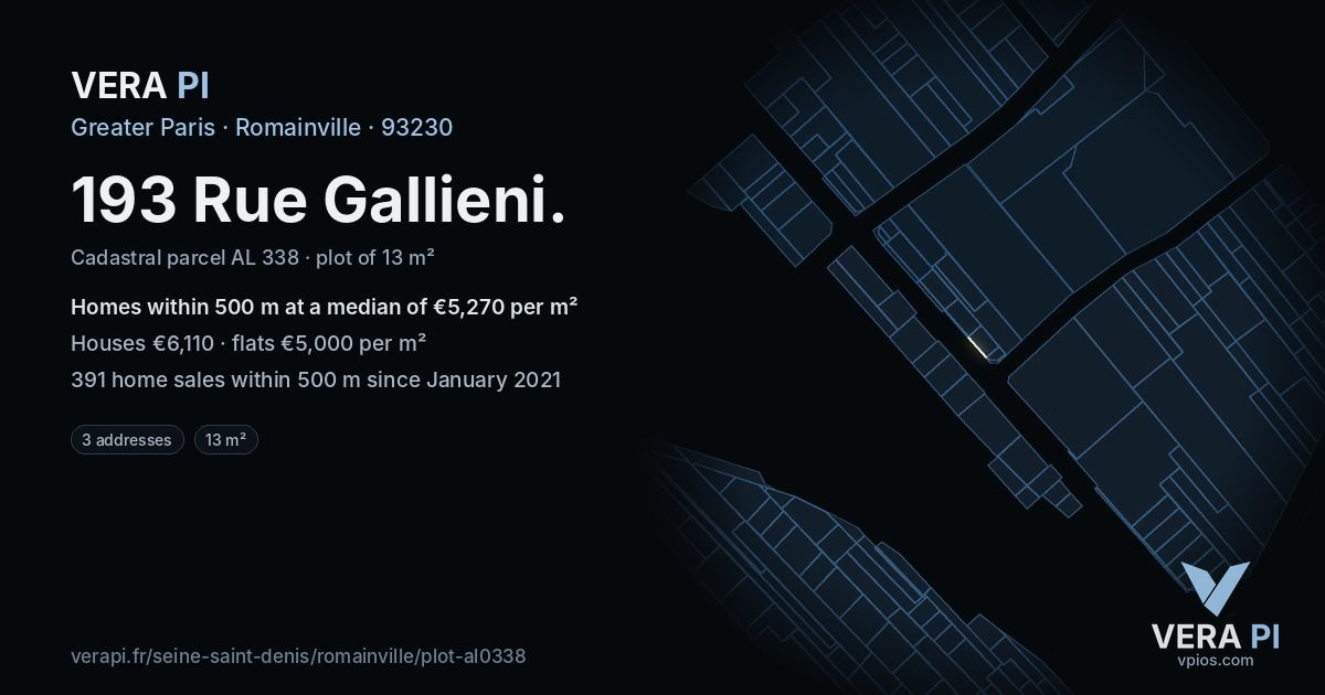 193 Rue Gallieni, Romainville at night – the plot lit, the parcels around coloured by the prices near them