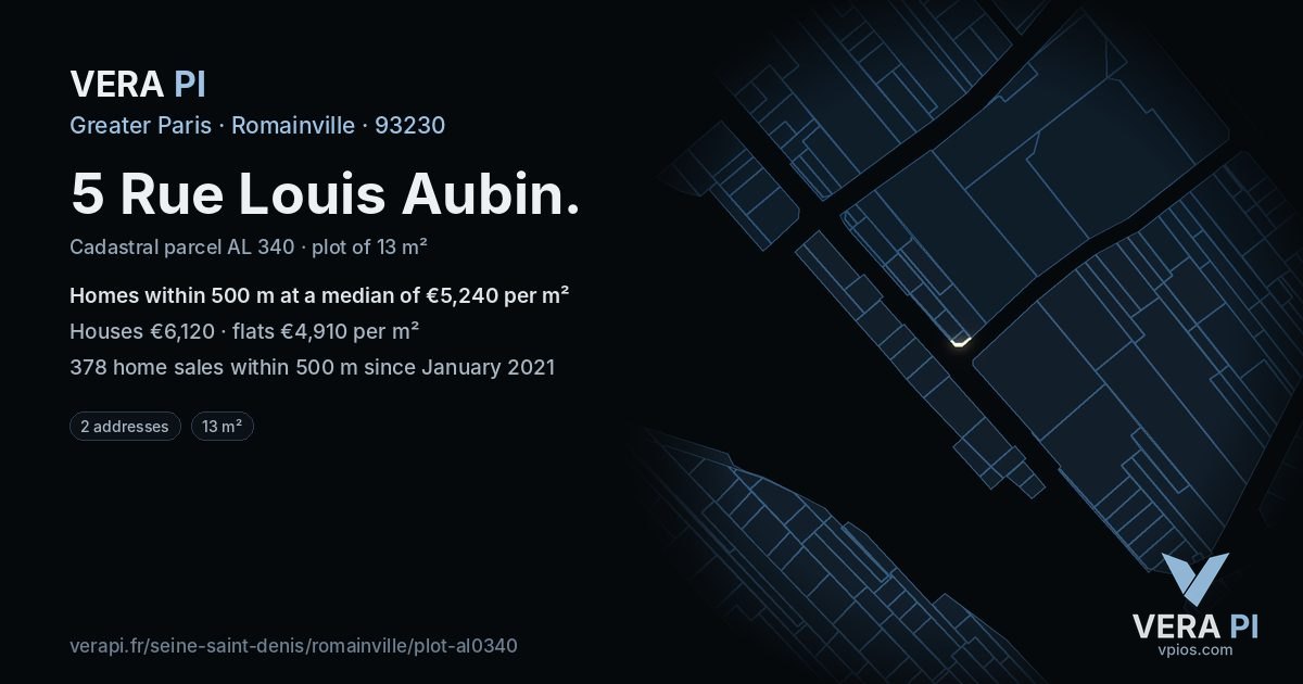 5 Rue Louis Aubin, Romainville at night – the plot lit, the parcels around coloured by the prices near them