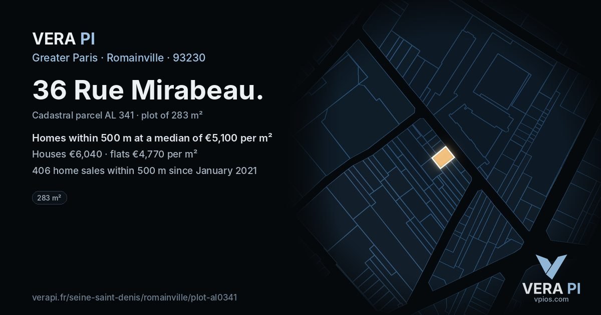 36 Rue Mirabeau, Romainville at night – the plot lit, the parcels around coloured by the prices near them
