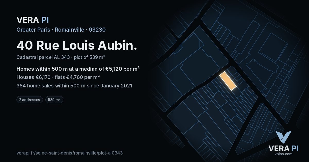 40 Rue Louis Aubin, Romainville at night – the plot lit, the parcels around coloured by the prices near them