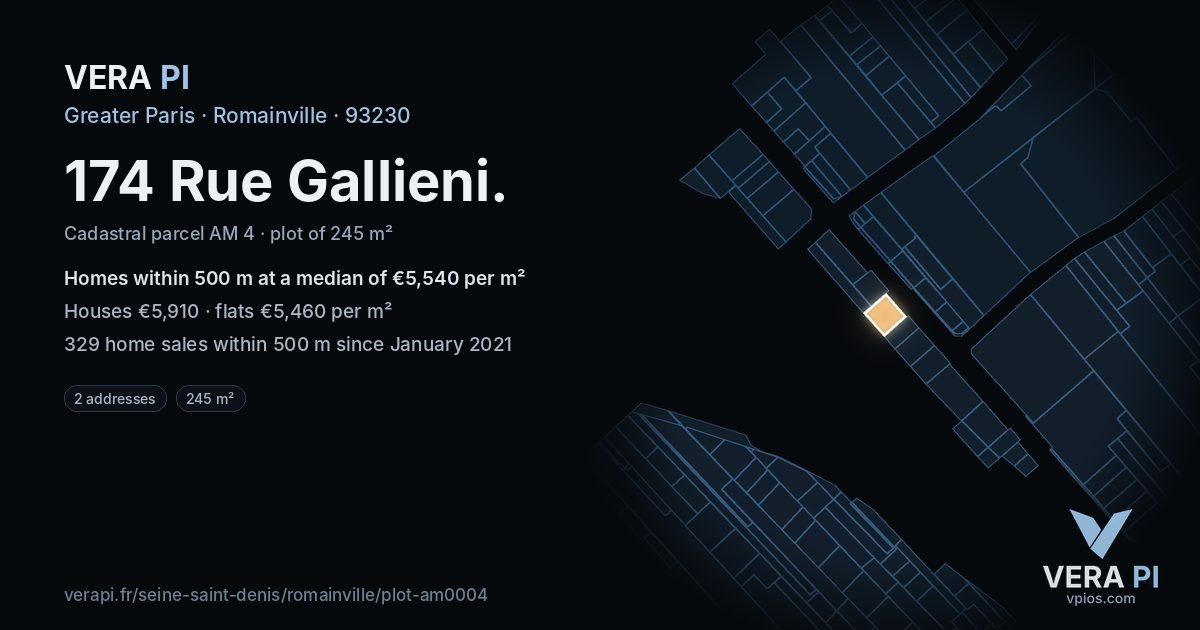 174 Rue Gallieni, Romainville at night – the plot lit, the parcels around coloured by the prices near them