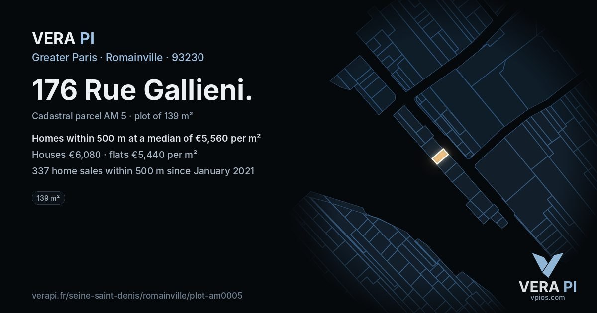 176 Rue Gallieni, Romainville at night – the plot lit, the parcels around coloured by the prices near them